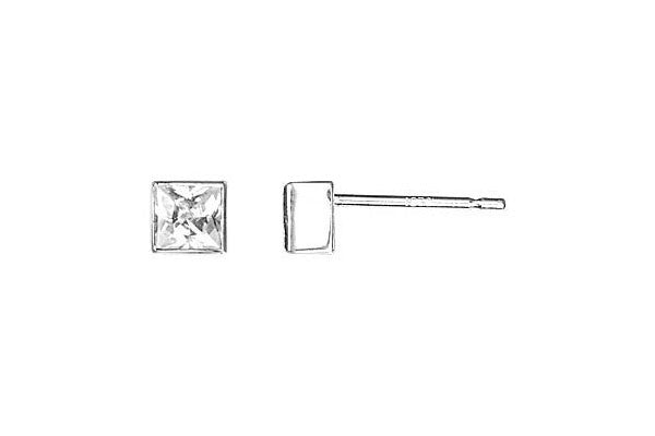 Sterling Silver Post Earring, 4.0mm Princess CZ Bezel Setting
