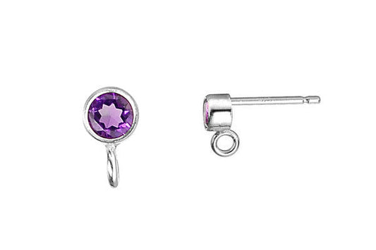 Sterling Silver Post Earring, 3.0mm Amethyst Bezel w/Ring