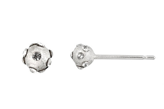 Sterling Silver Post Earring, 4.0mm Satin Ball w/April Crystals